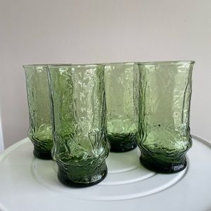 Vintage Anchor Hocking Avocado Green Rain Flower Glasses Tumblers, group of four